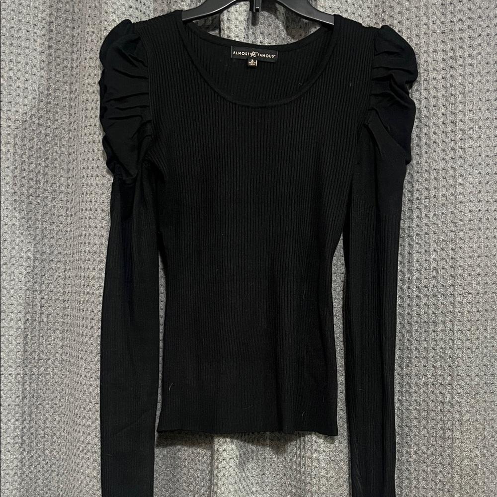 Almost Famous Black Ribbed Puff Sleeve Long Sleeve Top